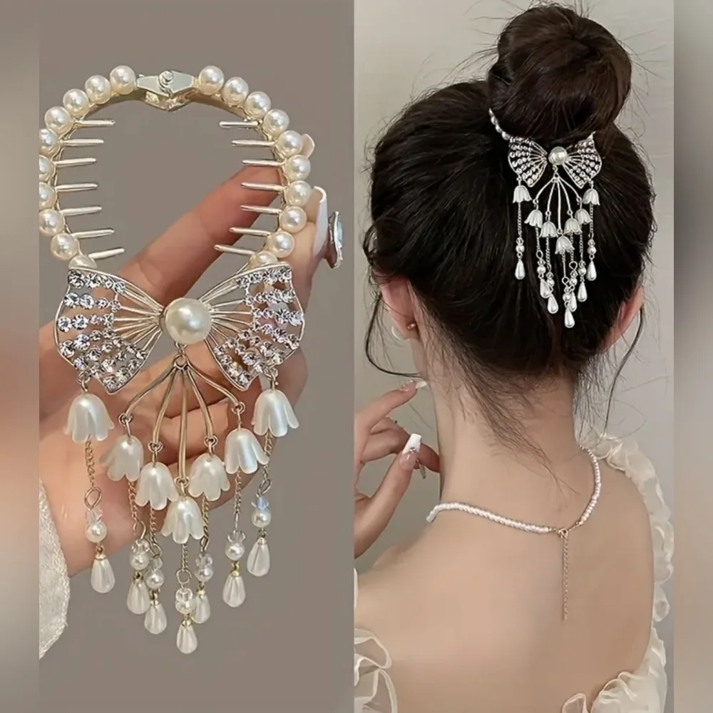 New wedding hair clip bow dangly rhinestone faux pearls, TM2B2